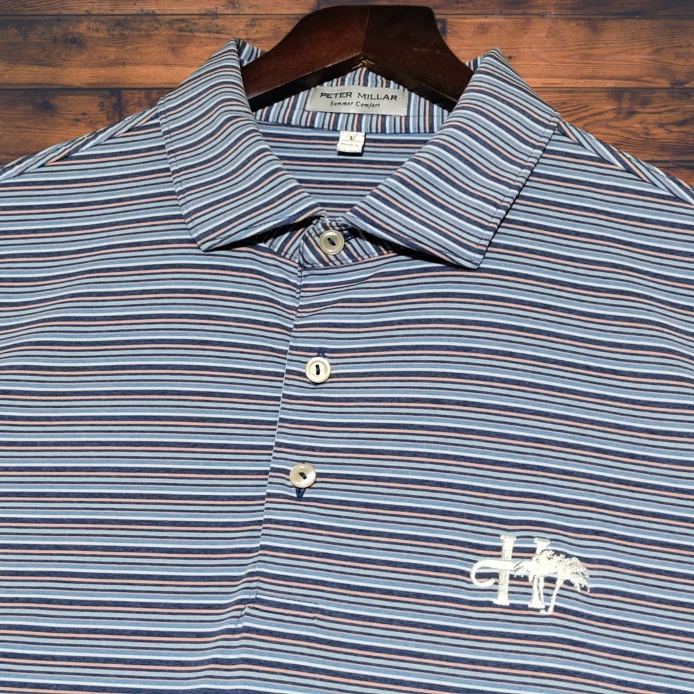 Peter Millar Summer Comfort Golf Polo Shirt Mens Large Blue Pink Striped Logo